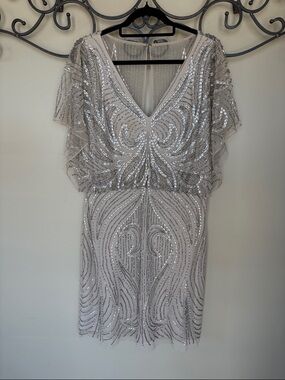 Aidan Mattox Silver Sequin V-Neck Mini with Flutter Sleeves